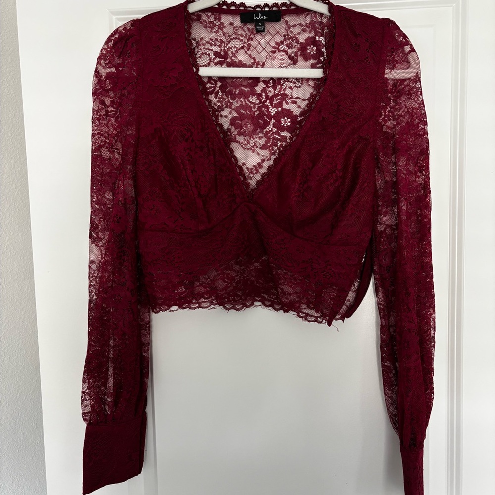 Lulu's Deep Red Lace V-Neck Blouse